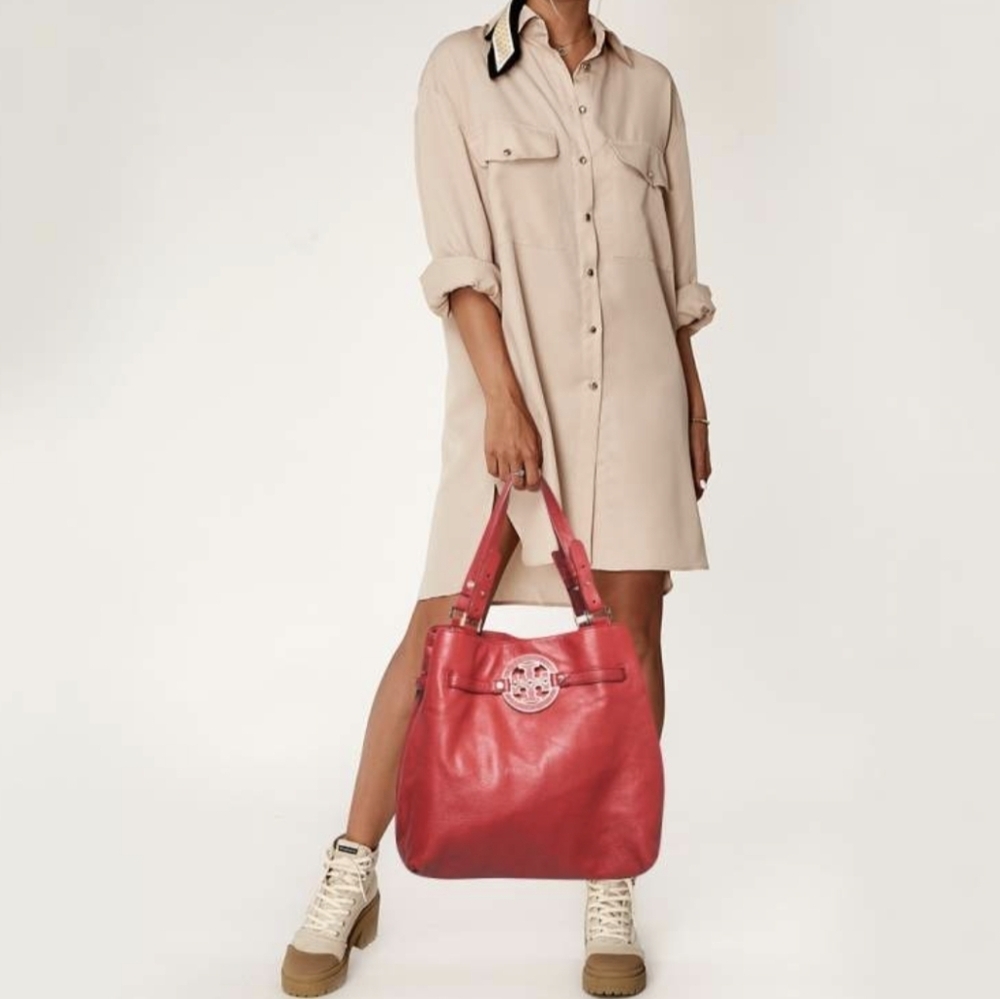 Tory Burch Amanda Pebbled Leather Handbag Satchel Crossbody‎ Purse Carnival Red